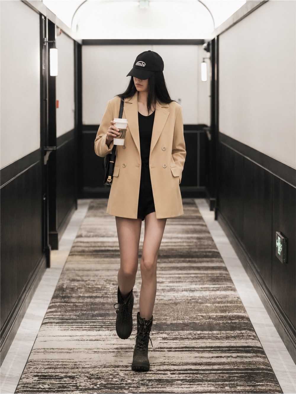 Womens Beige Double-Breasted Longline Tailored Blazer Coat Jacket
